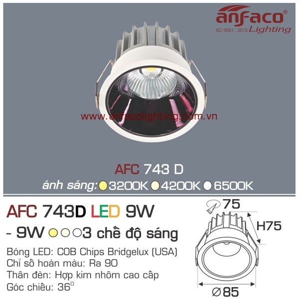 Đèn AFC 743D 9W Anfaco LED downlight âm trần chóa đen